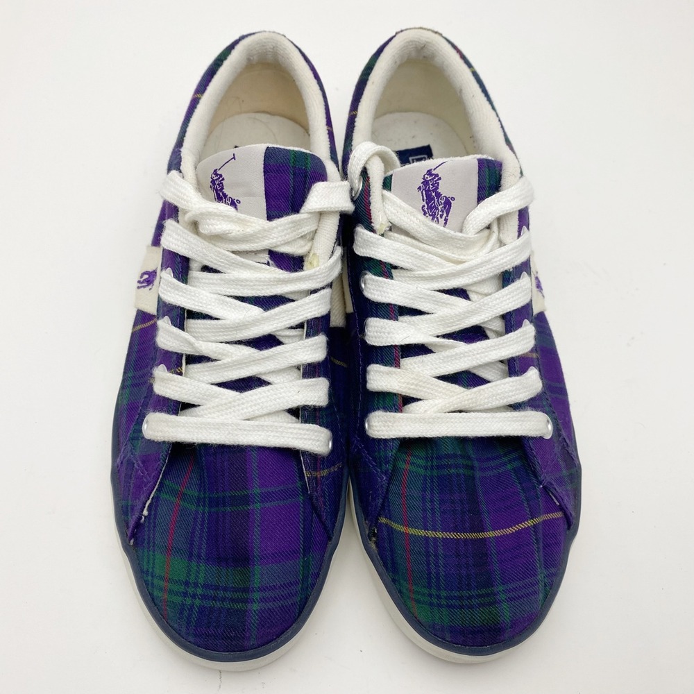 Polo Ralph Lauren Giles Plaid Low Top Sneakers Mens Boys Purple Green - Picture 2 of 9